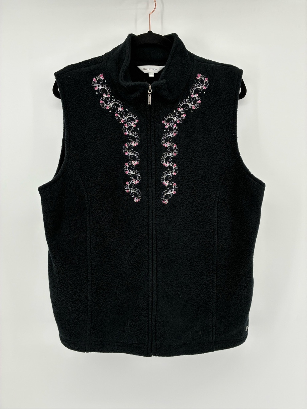 Northern Reflections Black Fleece Vest with Pink Embroidery